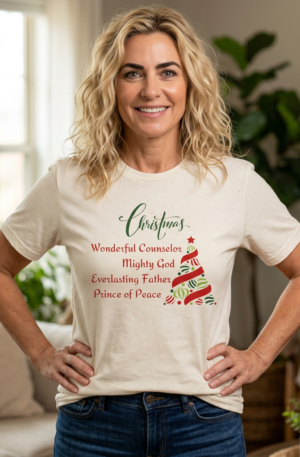 Christmas Wonderful Counselor Mighty God Everlasting Father T-Shirt | Holiday Tree Typography