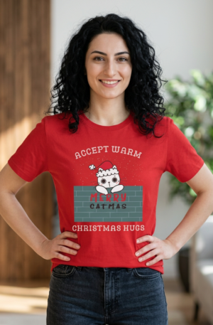Cute Cat in Santa Hat T-Shirt | Accept Warm Merry Christmas Cat